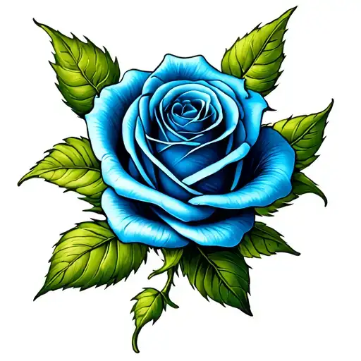 Blue Detailed Rose With Soft Shading And Green Leafs