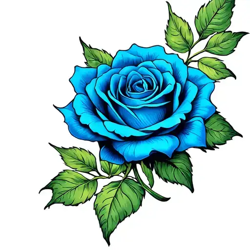 Blue Detailed Rose With Soft Shading And Green Leafs