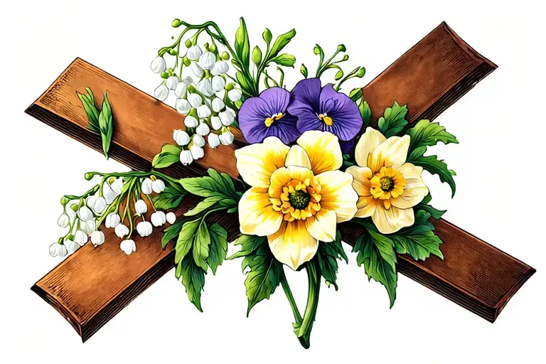 Lily Of The Valley Marigold Daffodils And Violets Wrapped Around A Cross