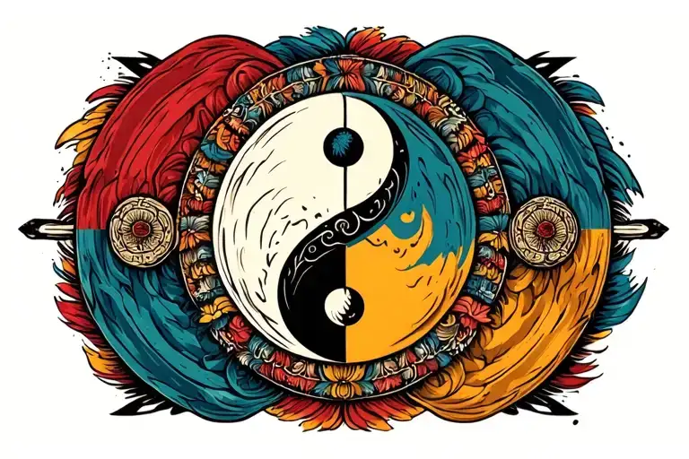 Wide Rectangular Flag Featuring Ying Yang Symbol And 7 Ajah Colors