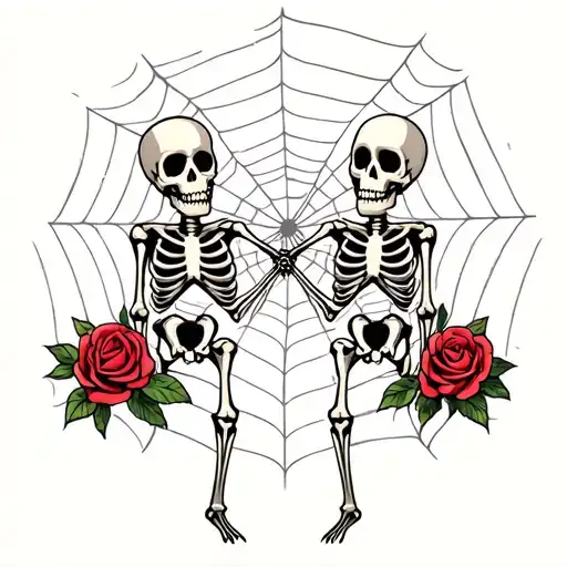 Spooky Emo Skeletons Holding Hands Soiders In Background And Spider Webs And Roses