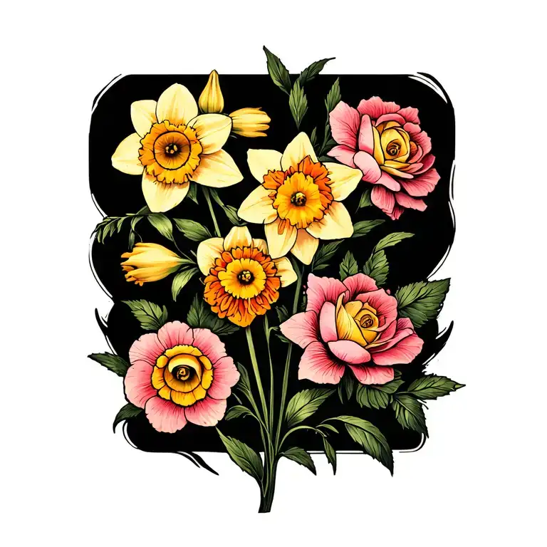 Daffodil And Marigold And Rose