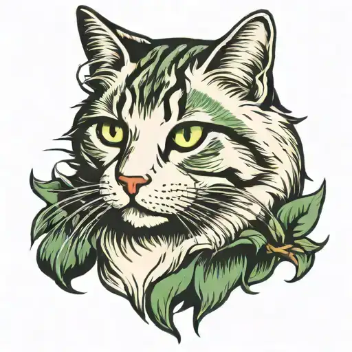 Fluffy White Tabby Cat Face Trad Tattoo Design Green Eyes