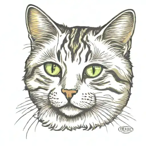 Fluffy White Tabby Cat Face Trad Tattoo Design Golden Green Eyes Colored