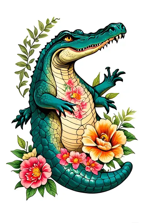 Crocodile With Tattoos And Flowers Blooming Flower