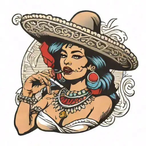 Mexican Women With Sombrero And A Cigarette
