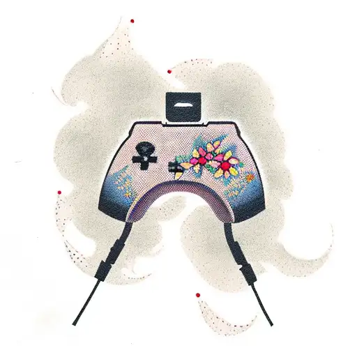Traditional Tattoo Of A Gaming Controller Surrounded By Cherry Blossoms And Music Notes