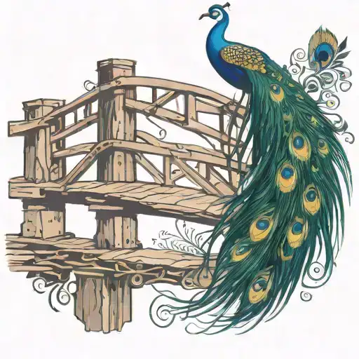 Wooden Bridge With Peacock Feather Intertwined