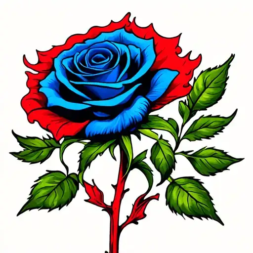 Flaming Blue Rose With Red Stem