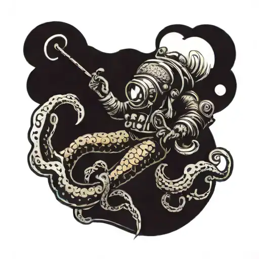 Deep Sea Diver With Kraken Attacking