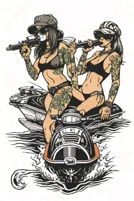 2 Girls In Bikini With Ski Mask And Guns Smoking Weed On Jetskis