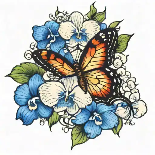 Butterfly And Orchid Flowers Surrounding