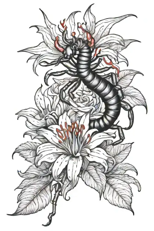 Black And Grey Centipede And Red Spider Lilly Flower