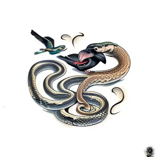 A Snake And A Raven Fighting Each Other