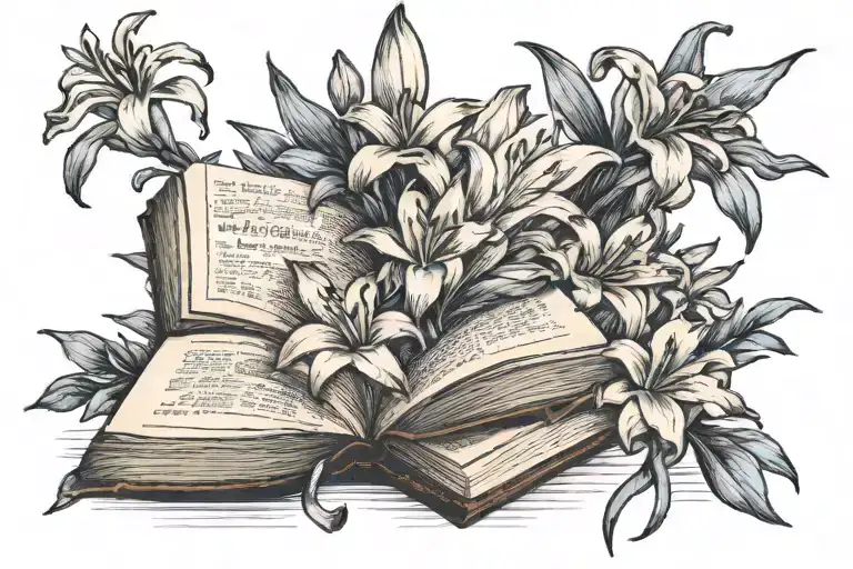 Open Books Surrounded By Lillies Anf Blue Bell Flowers