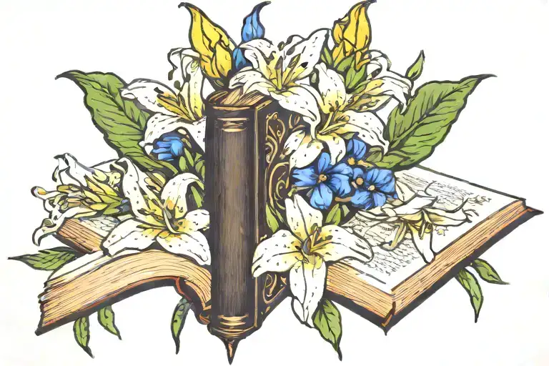 Open Books Surrounded By Lillies And Blue Bell Flowers