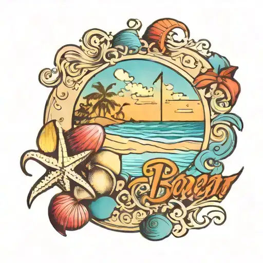 Colorful Beach Scene Featuring Border Of Shells On Bottom And Large Cursive Text As Top Border