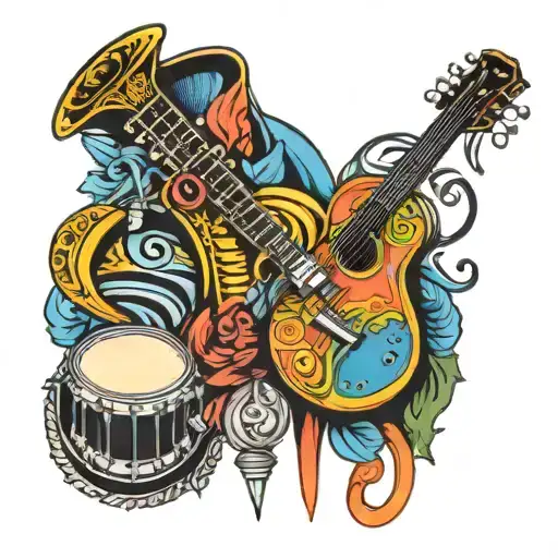 A Mix Of Cuban And Argentinean Musical Instruments Intertwined With Vibrant Colors And Patterns