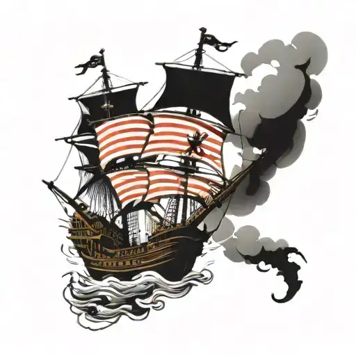 Pirate Ship At Sea With Cannons Firing