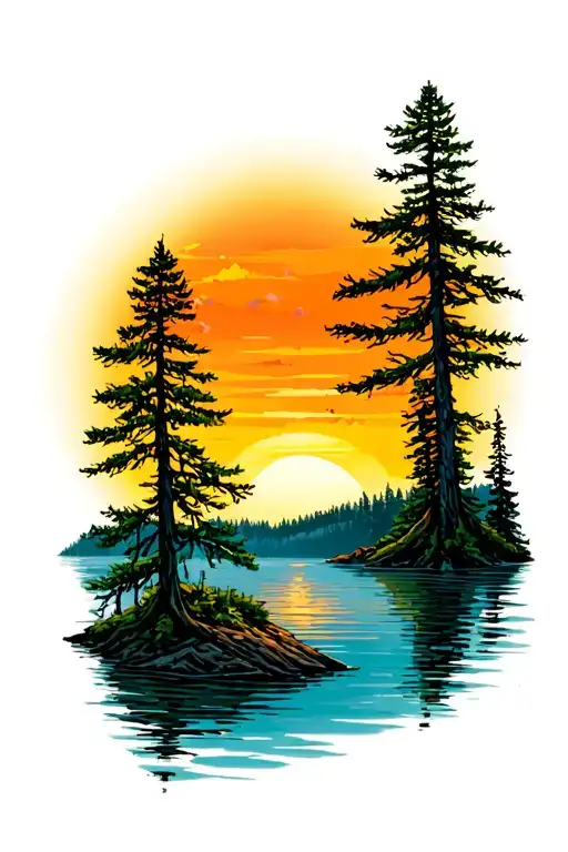 Pine Trees Colors Sunset Over Lake
