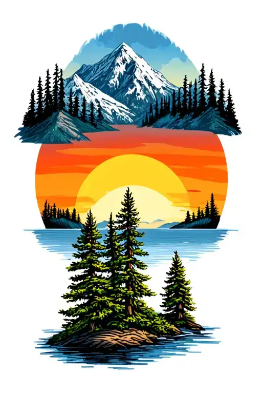 Pine Trees Colors Sunset Over Lake Surrounded By Mountains