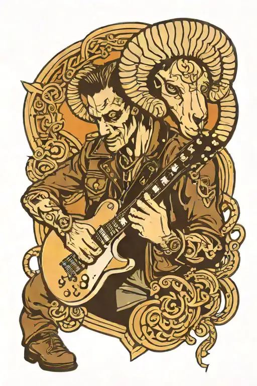 Rock Guitarist In Leather Jacket With Ram's Head With Les Paul Guitar And Chain