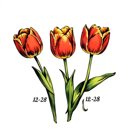 Three Tulips With The Stems Connected And The Date 12-28 Behind Them