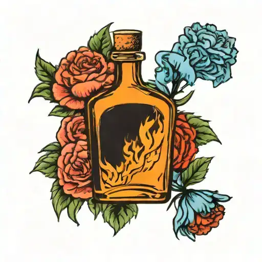 Fireball Whiskey Bottle Holding Blue Carnation Flower