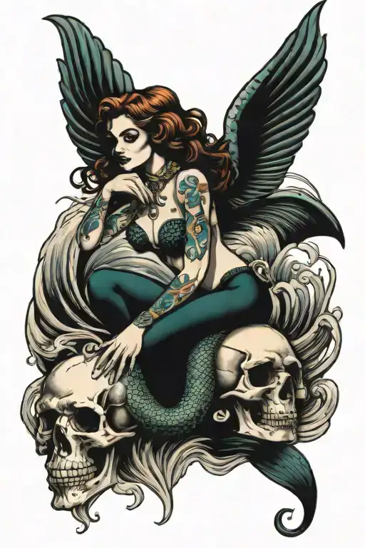 Traditional Mermaid Holding A Skull Surrounded By Waves And A Shipwreck