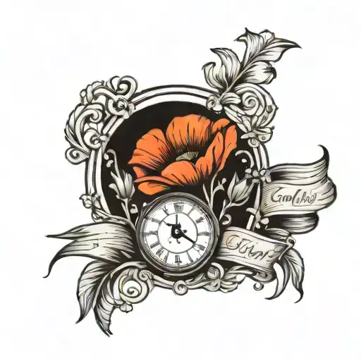 Poppy Flower Surrounding A Clock With A Banner In Front Of Everything