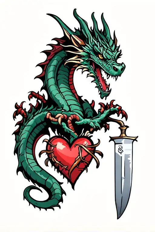 Dragon Wrapping A Heart With A Knife Through It