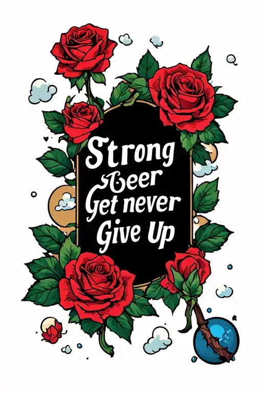 Tattoo Showing To Get Strong Never Give Up With Roses And Clouds In It