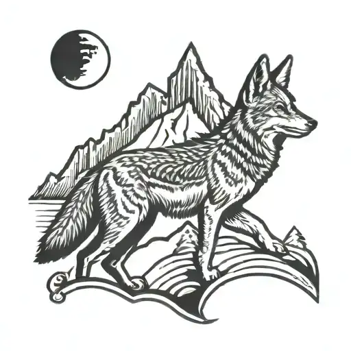 Coyote Howling At The Moon In Front Of The Mountains