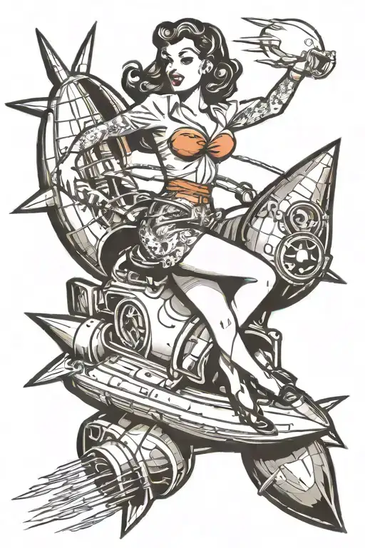 Pin Up Girl Riding A Rocket With