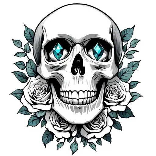 Skull With Birth Stones In The Eyes On A Bed Of Roses