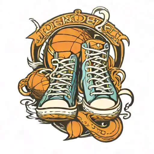 A Traditional Tattoo Of A Pair Of Basketball Shoes With Intricate Motorcycle Details