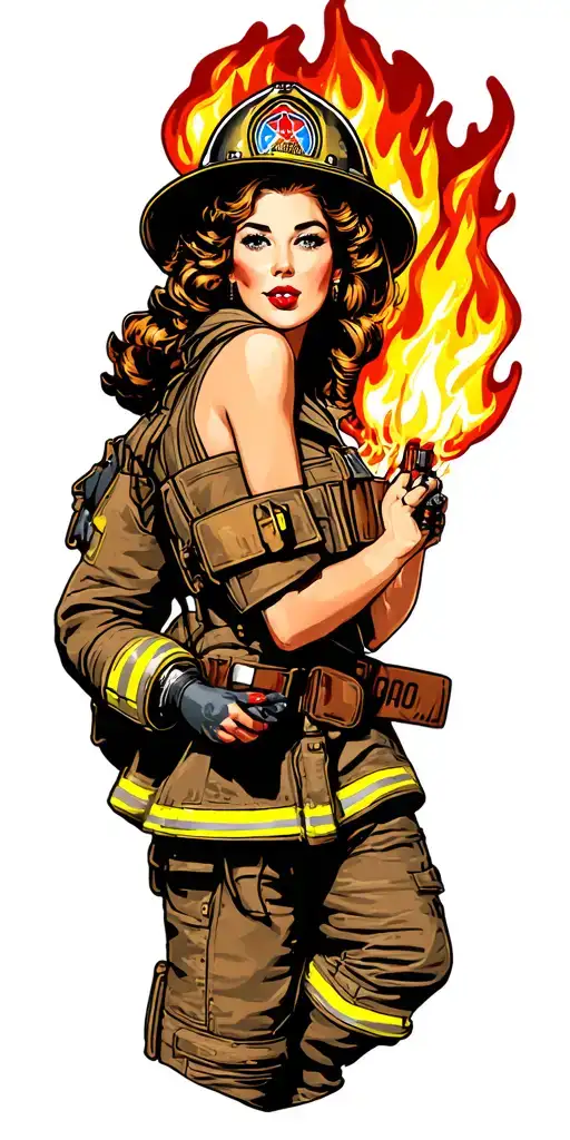 Firefighter Battling Flames Pin Up Girl Holding