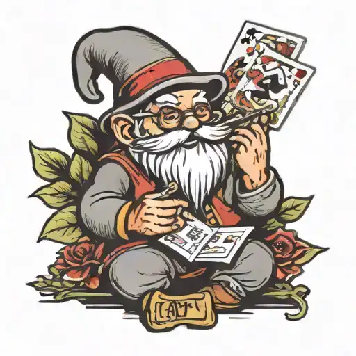 A Garden Gnome With Glases Holding Cards