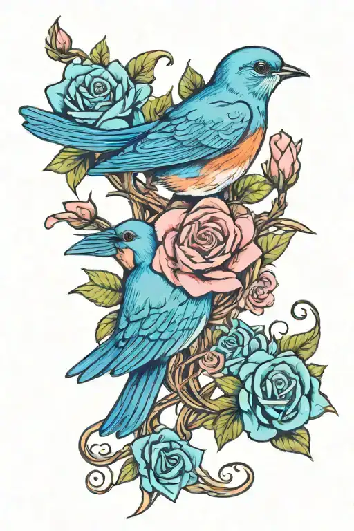 Bluebird With Pink Roses Intertwined With A Cross