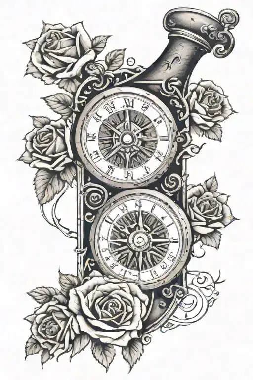 A Full Tattoo Sleeve On The Left Arm With Roses Ace Of Spades Time Clock And Compass