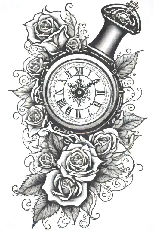 A Full Tattoo Sleeve On The Left Arm With Roses Ace Of Spades Time Clock And Compass