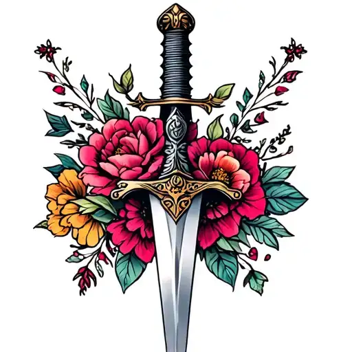 Sword With Flowers Wrapped Black Grey