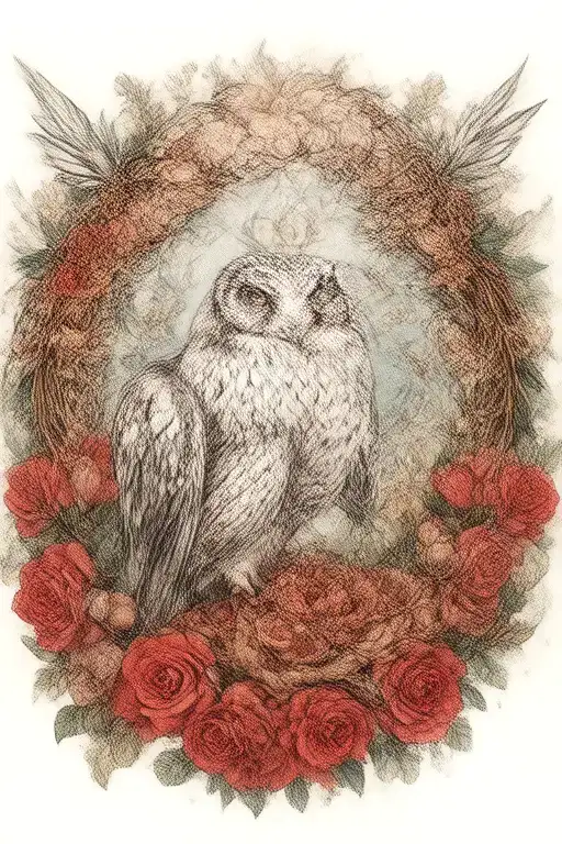 Wreath Of Roses A Seated Dove And Gothic Owl Perched