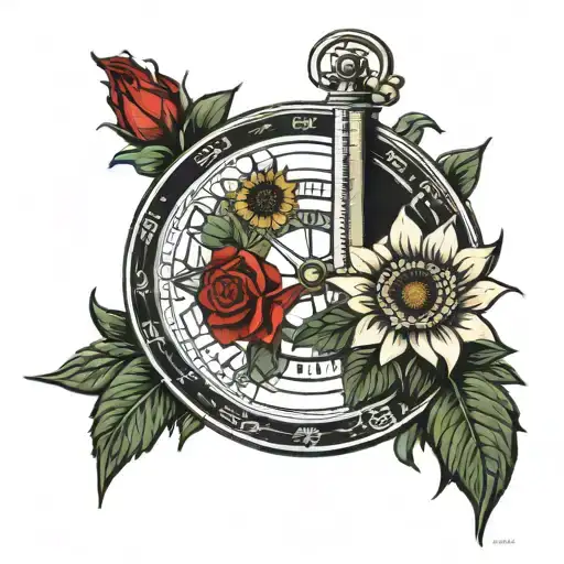 Sundial Compass Sunflowers Red Roses Intertwined Symbolizing