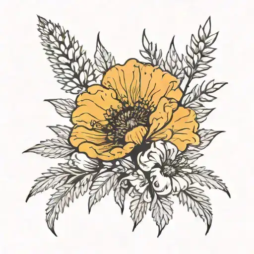 A Marigold Or Poppy Flower In A Desert With Guaro And A Yucca Shrub In An Oval Border