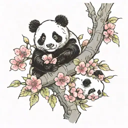 Panda And Its Cub Hanging From A Cherry Blossom Tree