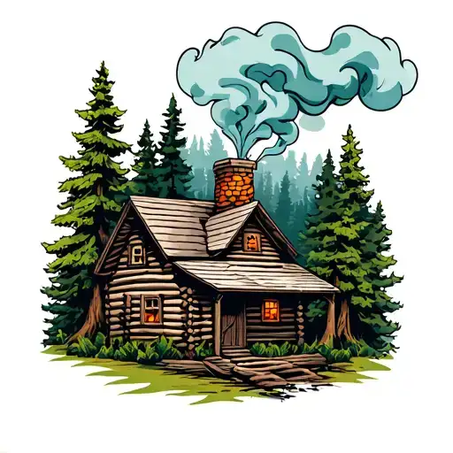 Small Cabin In The Woods With Smoke Coming From Chimney