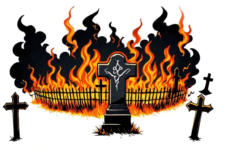 Grave Yard With Crosses And Fences Around It Surrounded By Flames With Dark Cloud And Lighting