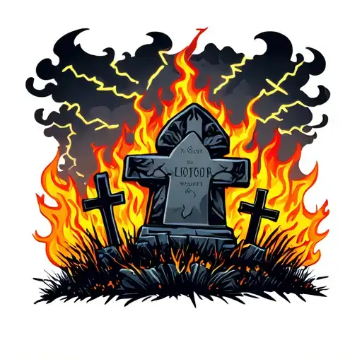 Grave Yard With Crosses And Fences Around It Surrounded By Flames With Dark Cloud And Lighting