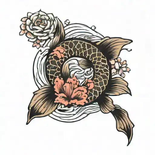 Koi Fish In Waves With Cherry Blossoms With Roman Numerals Underneath